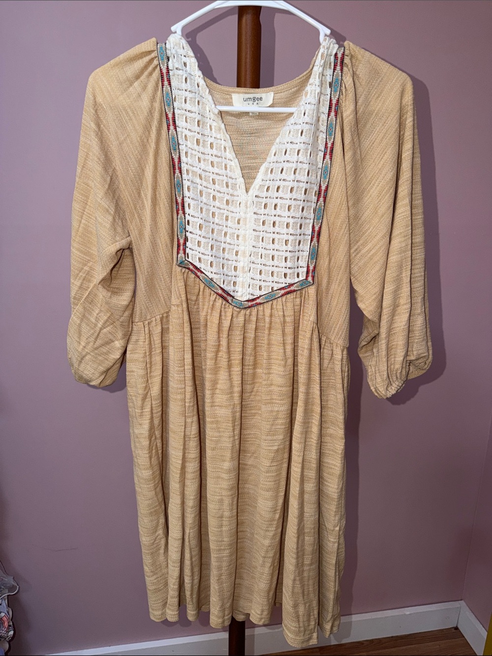 Umgee Cream-Tan Boho Midi Dress with Lace Yoke